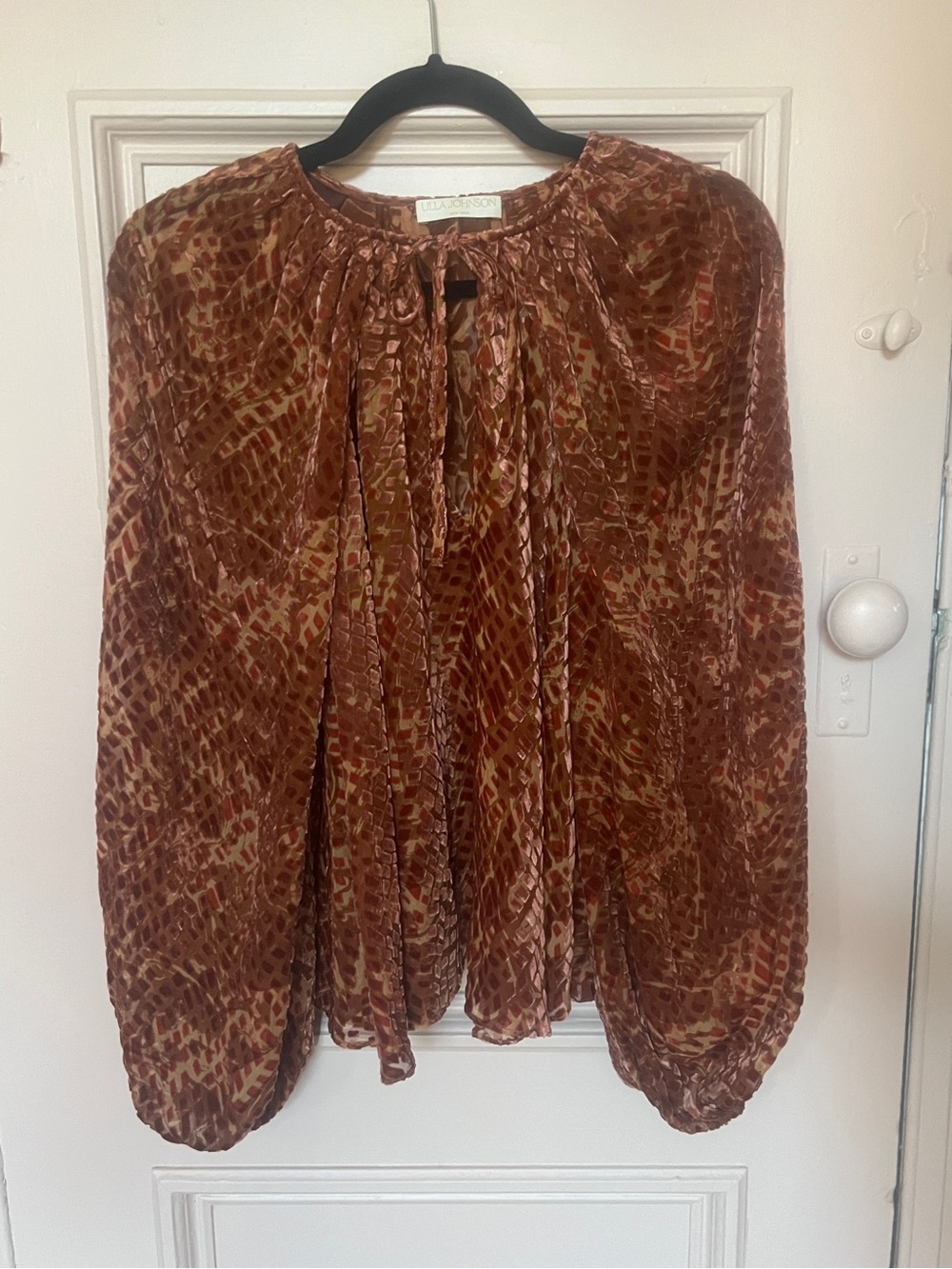 Ulla Johnson Rust Semi-sheet blouson top, burnout velvet balloon sleeves small